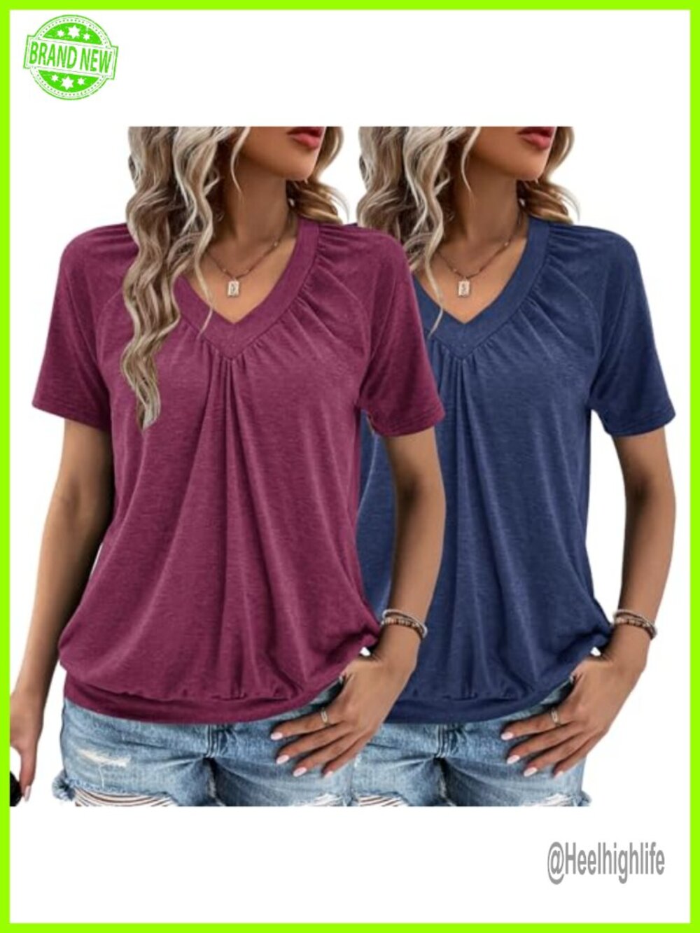 Women's 2 Pack V Neck Ruched Short Sleeve Tees Casual Summer Tops